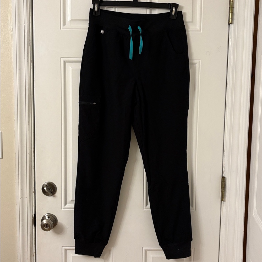 Figs Black Joggers with Teal Drawstring